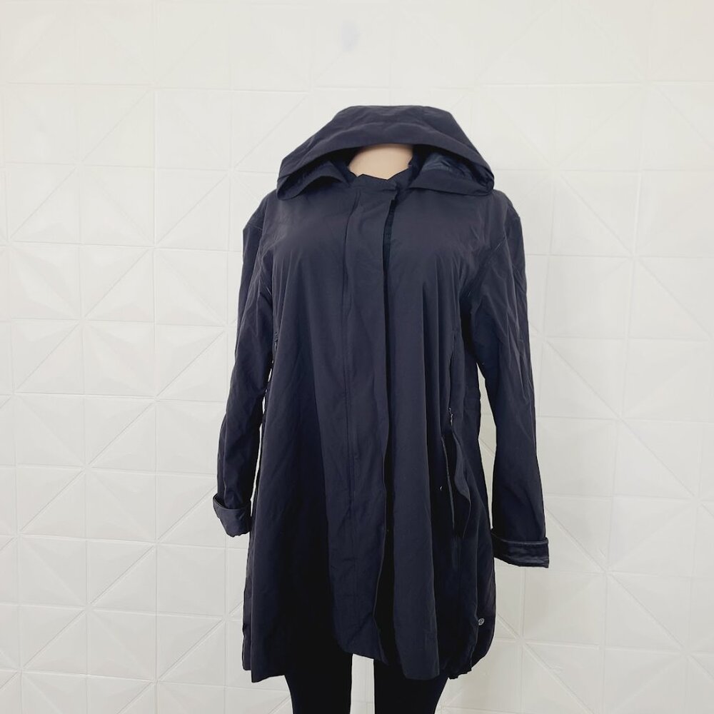 Lululemon Women's Black Hooded Long Full Zip Nylon Over Rain Parka Jacket Sz 10 - Picture 2 of 9